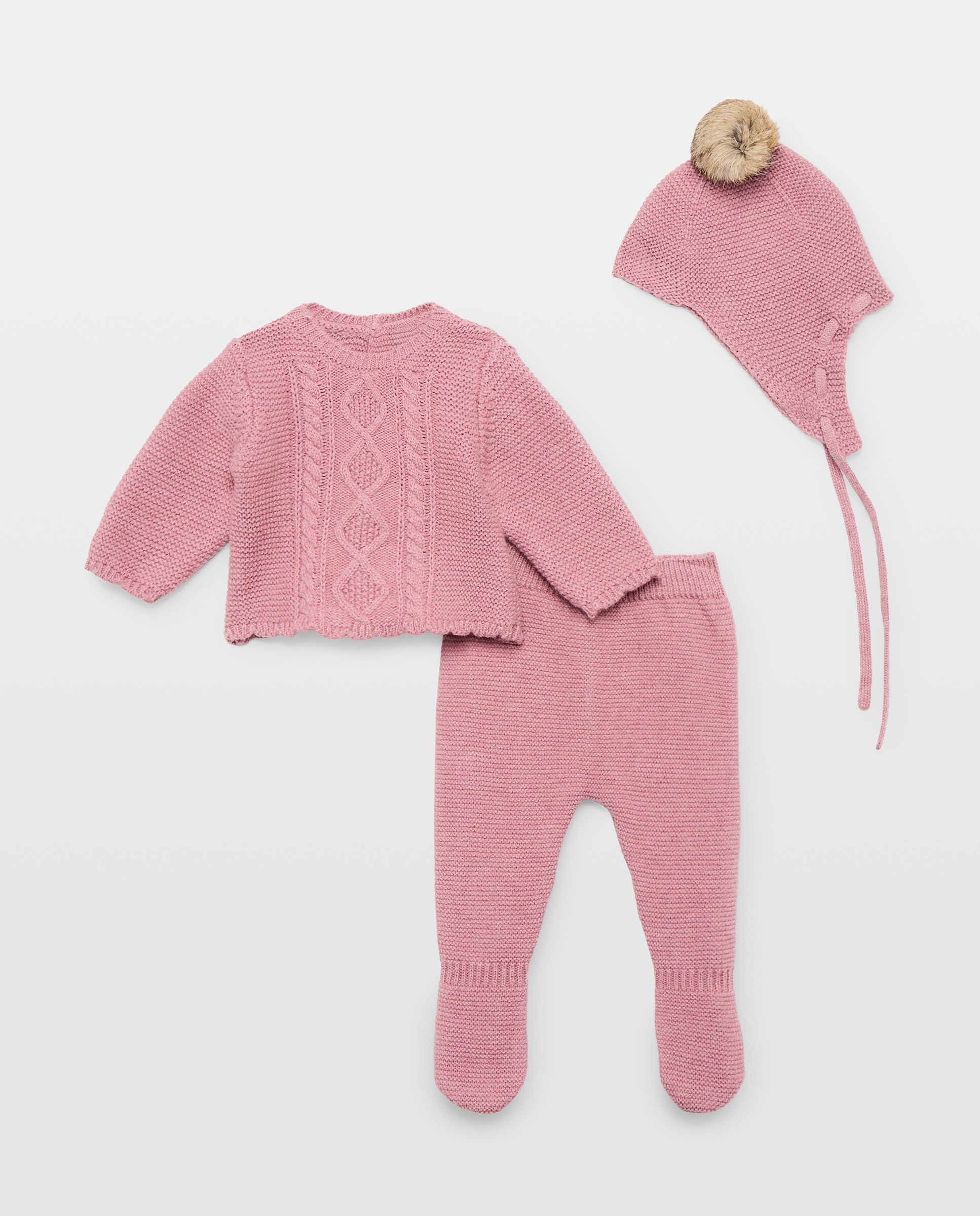 Imagem 0 de Conjunto de 3 Peças de Malha de Bebé com Touca com Ondas na Parte Inferior e Pompom