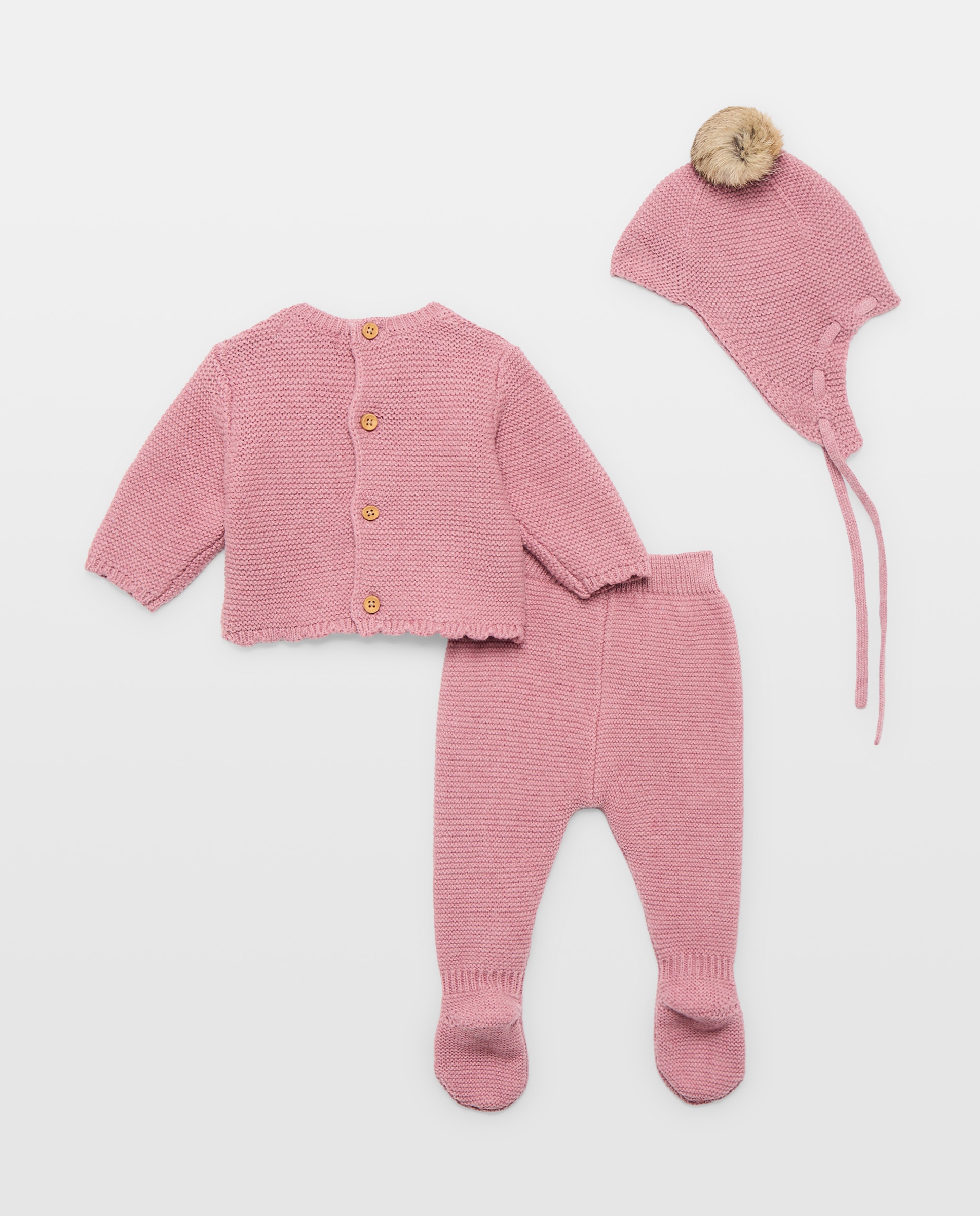 Conjunto de 3 Peças de Malha de Bebé com Touca com Ondas na Parte Inferior e Pompom Ameixa-2