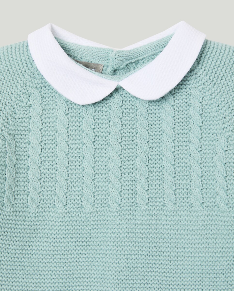 Babygrow de Tricot de Bebé com Manga Comprida, Gola Bebé Clássica e Malha do Cabo no Peitilho Verde-3