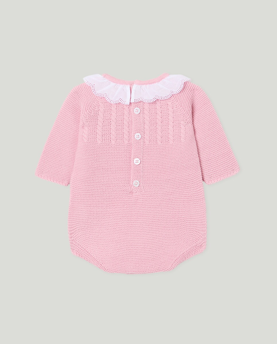 Babygrow de Tricot de Bebé com Manga Comprida, Gola Clássica e Malha do Cabo no Peitilho 200 Rosa-2
