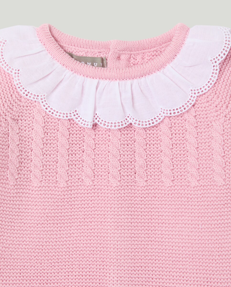 Babygrow de Tricot de Bebé com Manga Comprida, Gola Clássica e Malha do Cabo no Peitilho 200 Rosa-3