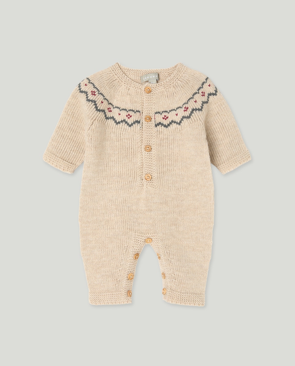 Babygrow de Tricot sem Pés de Bebé com Rebordo Decorativo e Abertura à Frente Camel-1