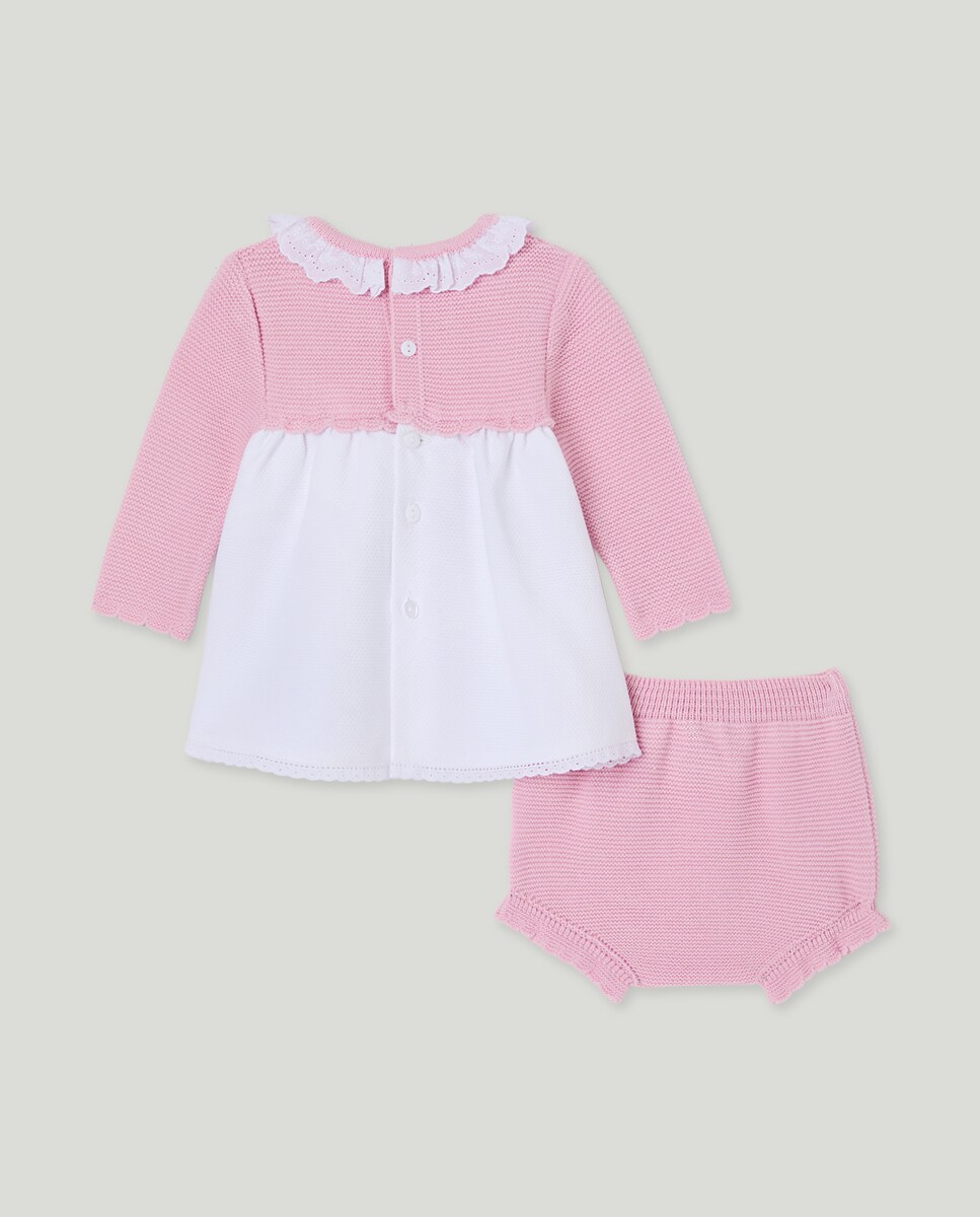 Cueiro de Piqué de Comprimento Médio de Bebé em Mistura de Malha e Tecido Plano com Manga Comprida e Laço de Cetim 200 Rosa-2