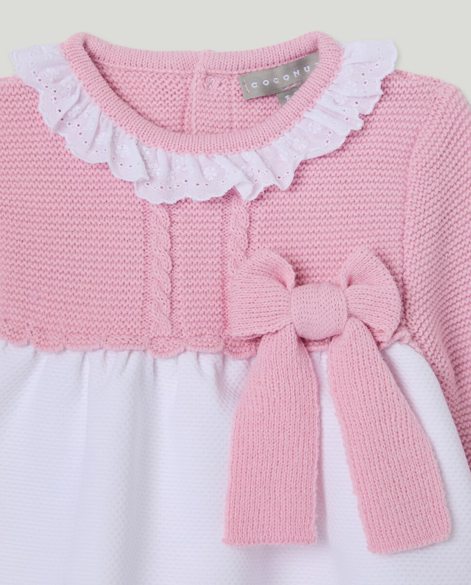 Cueiro de Piqué de Comprimento Médio de Bebé em Mistura de Malha e Tecido Plano com Manga Comprida e Laço de Cetim 200 Rosa-3