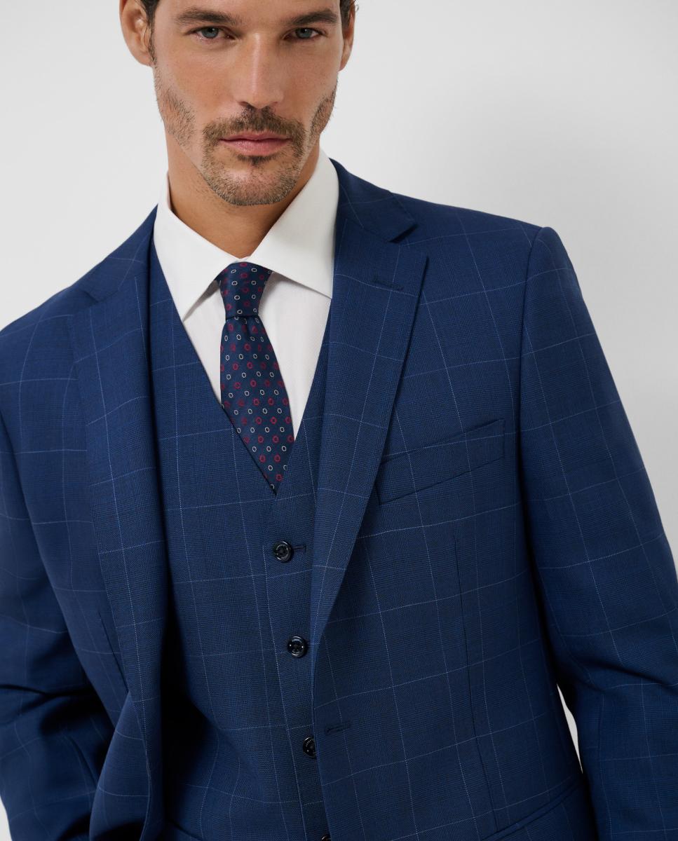 Fato Half Canvas Slim Fit aos Quadrados com Perfil em Contraste Azul-3