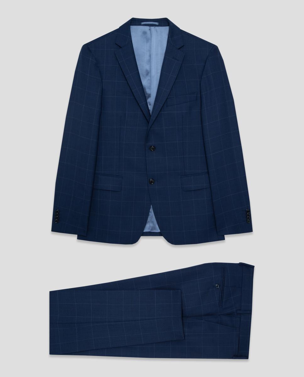 Fato Half Canvas Slim Fit aos Quadrados com Perfil em Contraste Azul-9