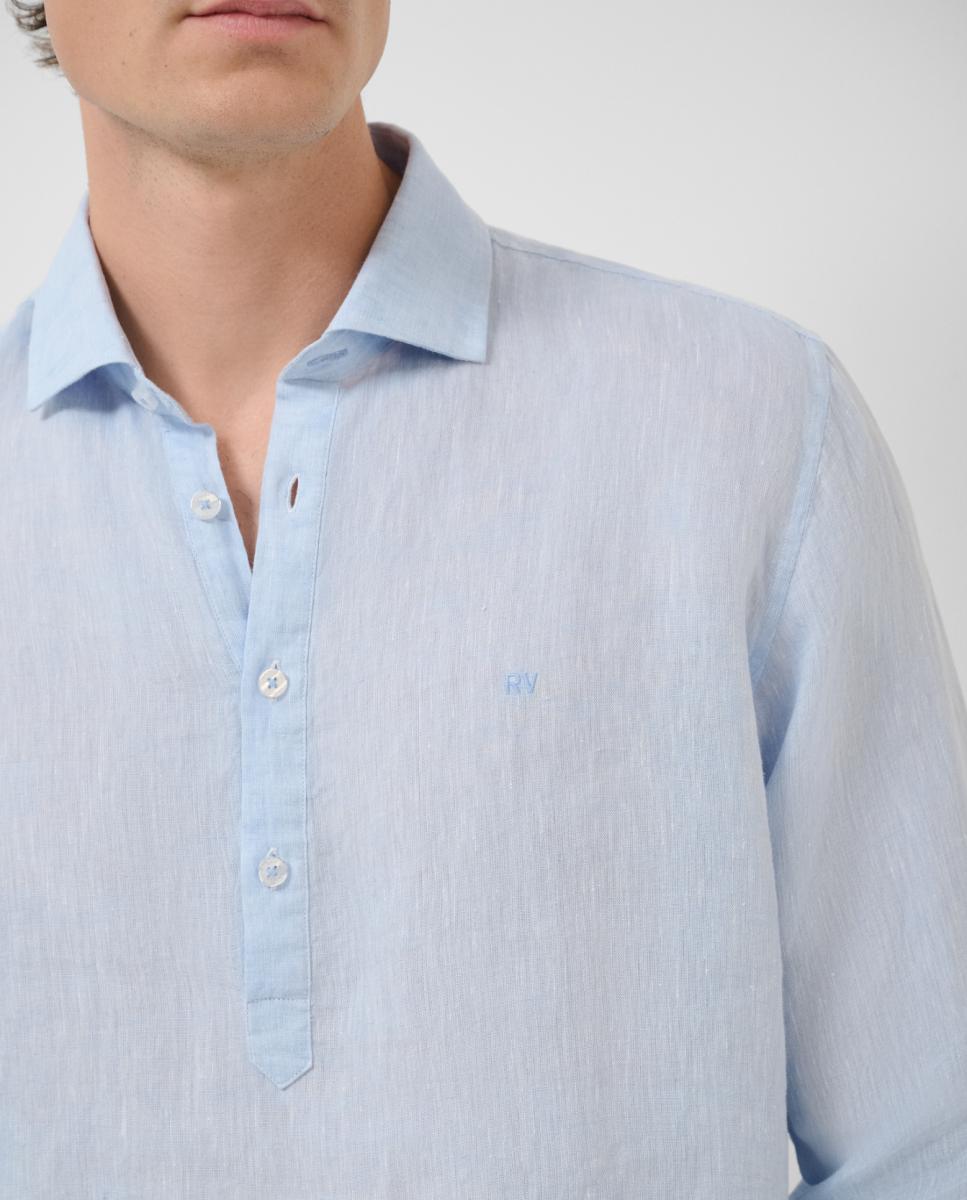 Camisa Casual Regular Fit Tipo Polo de Linho Turquesa-3