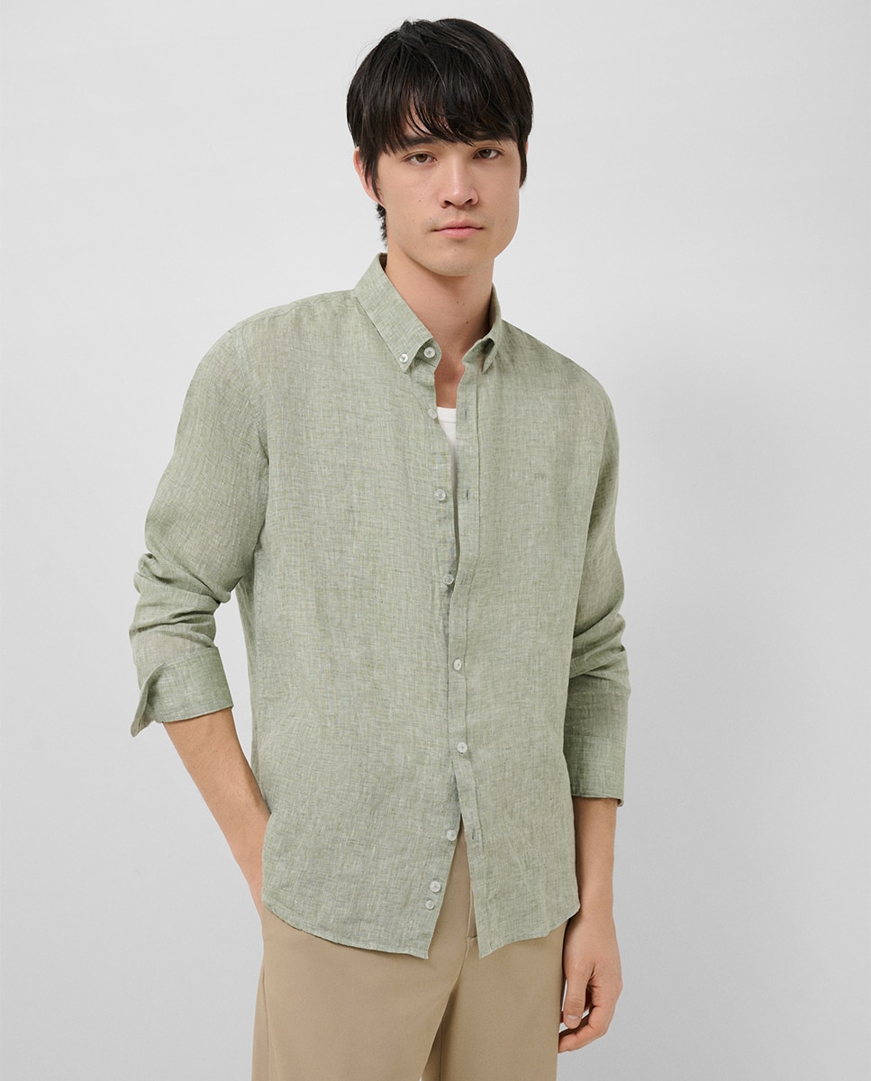 Camisa Casual Regular Fit de Linho Caqui-1