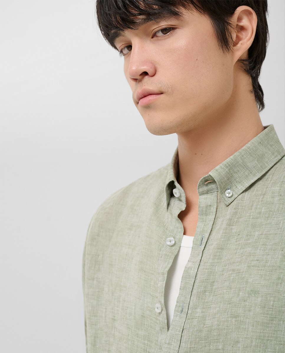 Camisa Casual Regular Fit de Linho Caqui-3