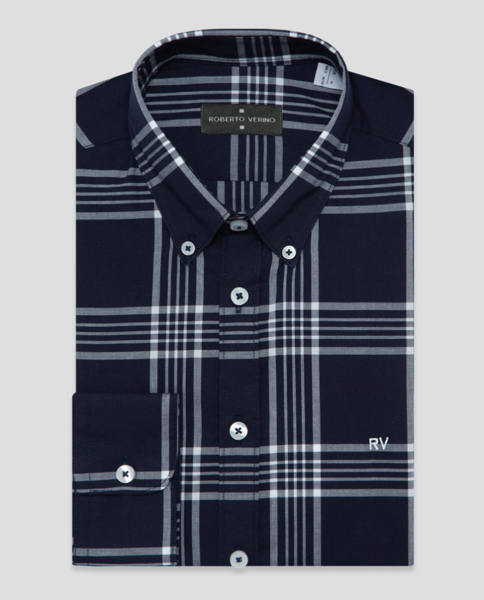 Camisa Casual Regular Fit aos Quadrados Azul-marinho-5