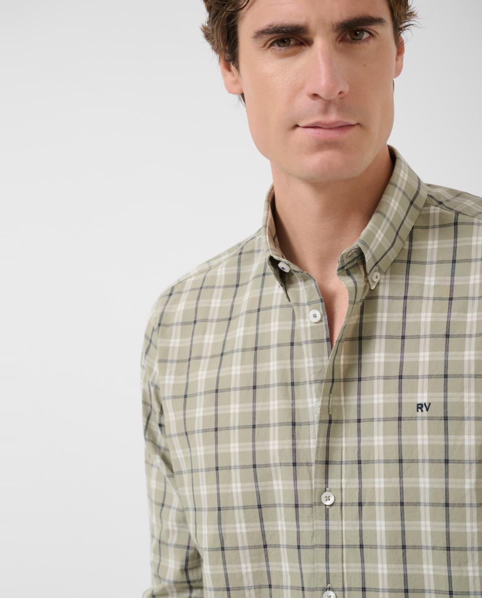 Camisa Casual Regular Fit aos Quadrados Caqui-3