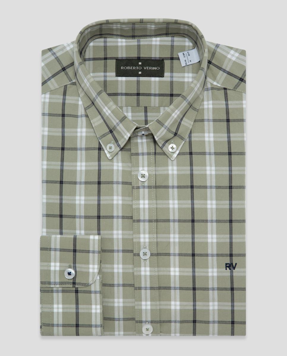 Camisa Casual Regular Fit aos Quadrados Caqui-4