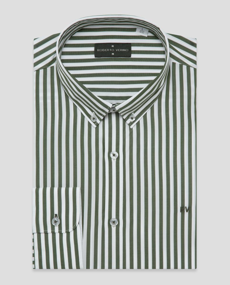 Camisa Casual Regular Fit às Riscas Caqui-4
