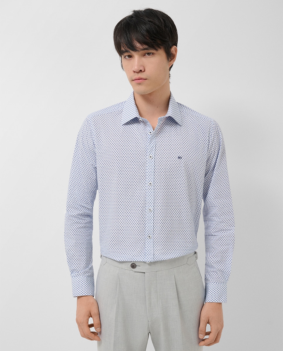 Camisa Casual Regular Fit com Estampado Geométrico Azul-índigo-1