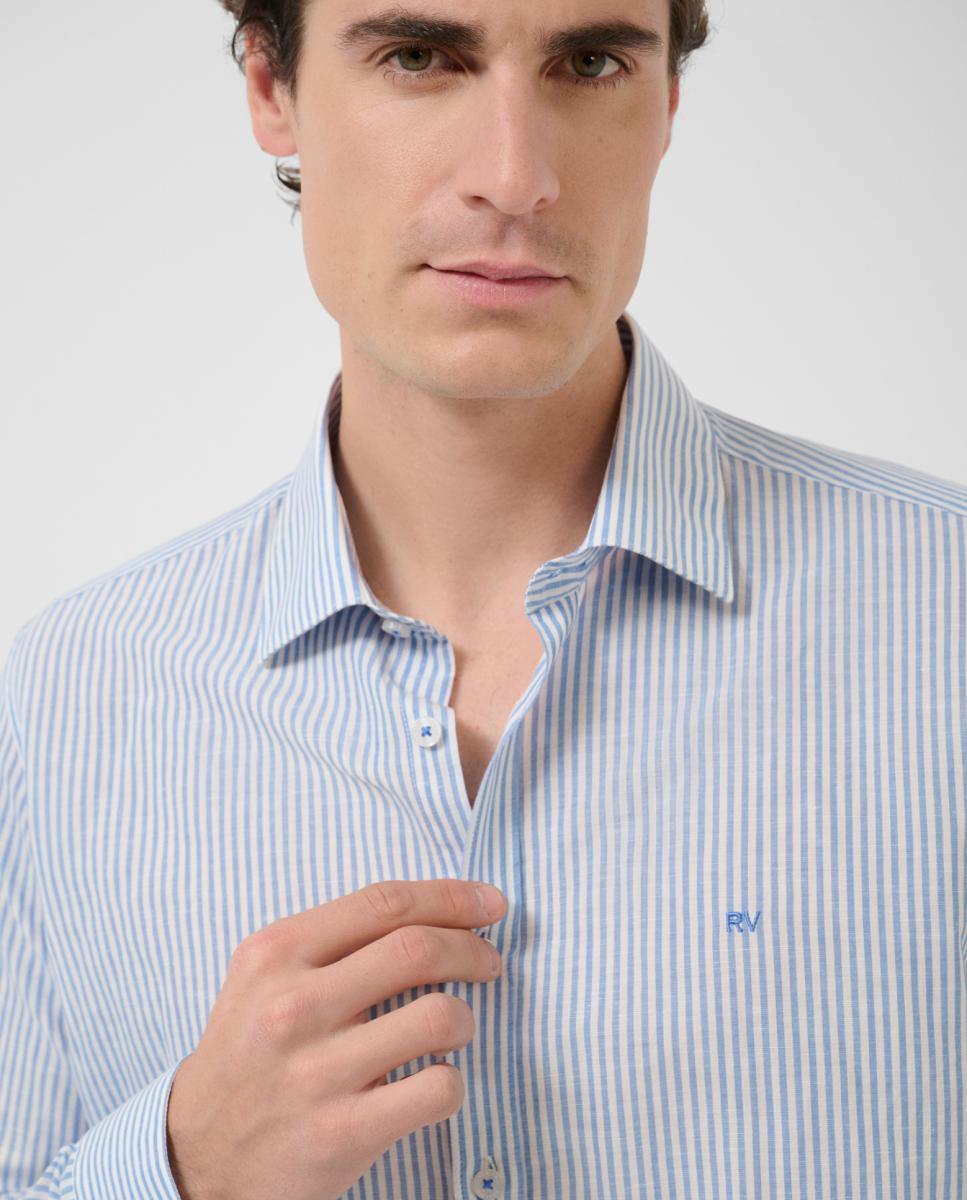 Camisa Casual Slim Fit às Riscas Turquesa-3