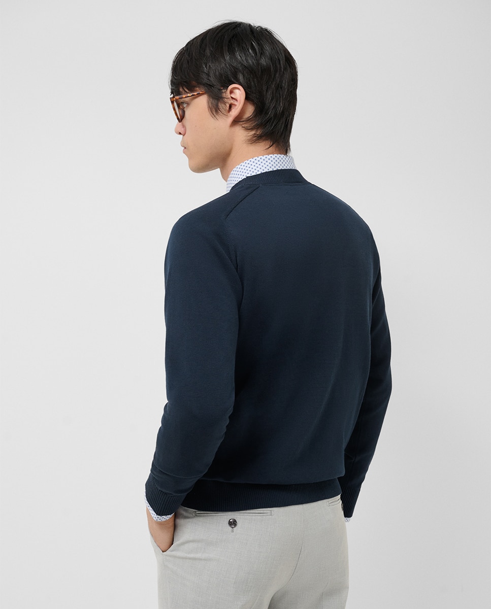 Camisola de Malha de Algodão com Gola Redonda e Estrutura High Twist Azul-marinho-2
