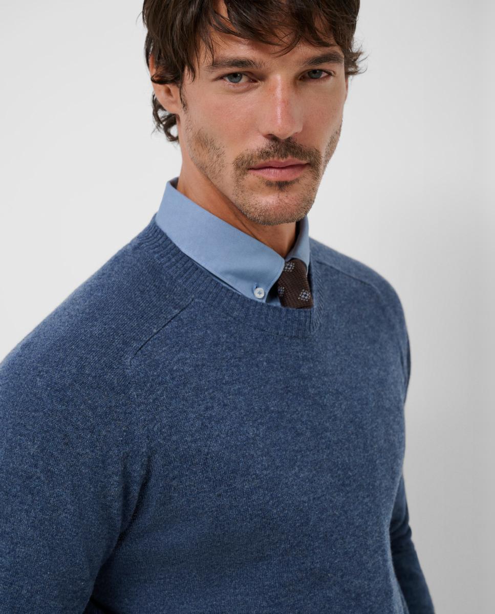 Camisola de Malha de Lã/Caxemira com Gola Redonda Azul-índigo-3