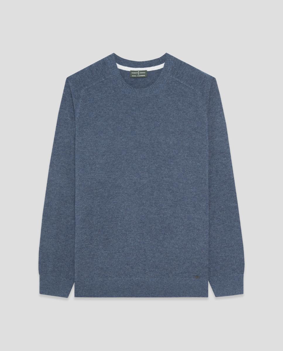 Camisola de Malha de Lã/Caxemira com Gola Redonda Azul-índigo-4