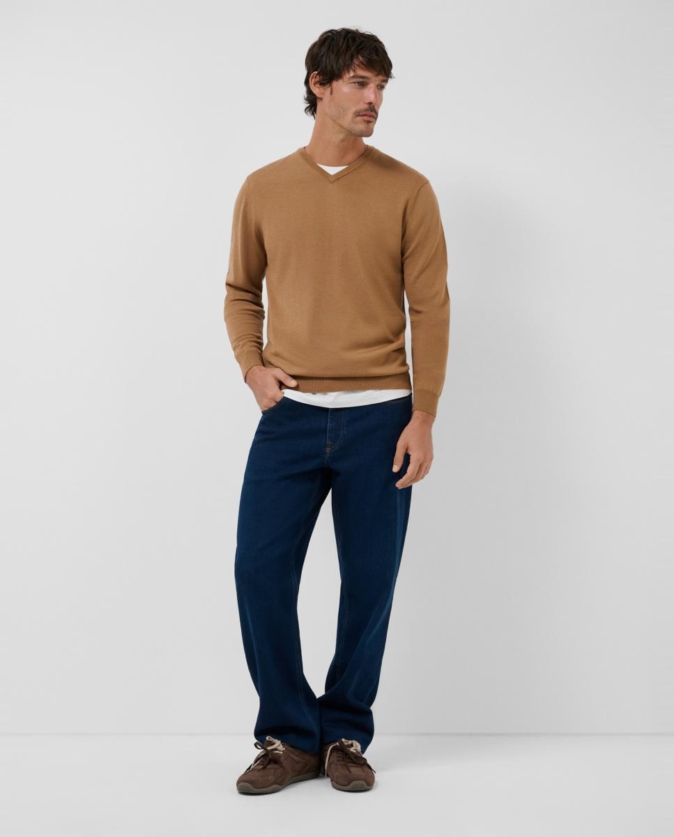 Camisola de Malha de Lã com Gola em Bico Camel-6