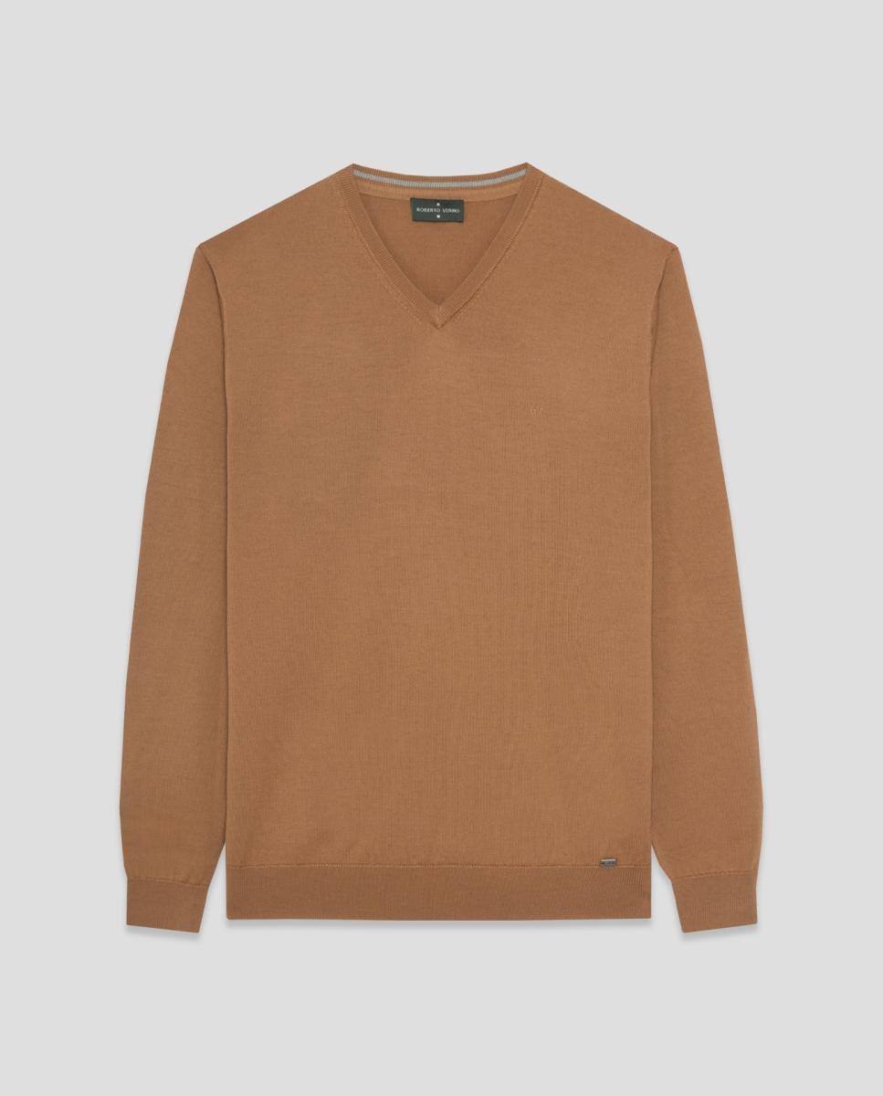 Camisola de Malha de Lã com Gola em Bico Camel-4