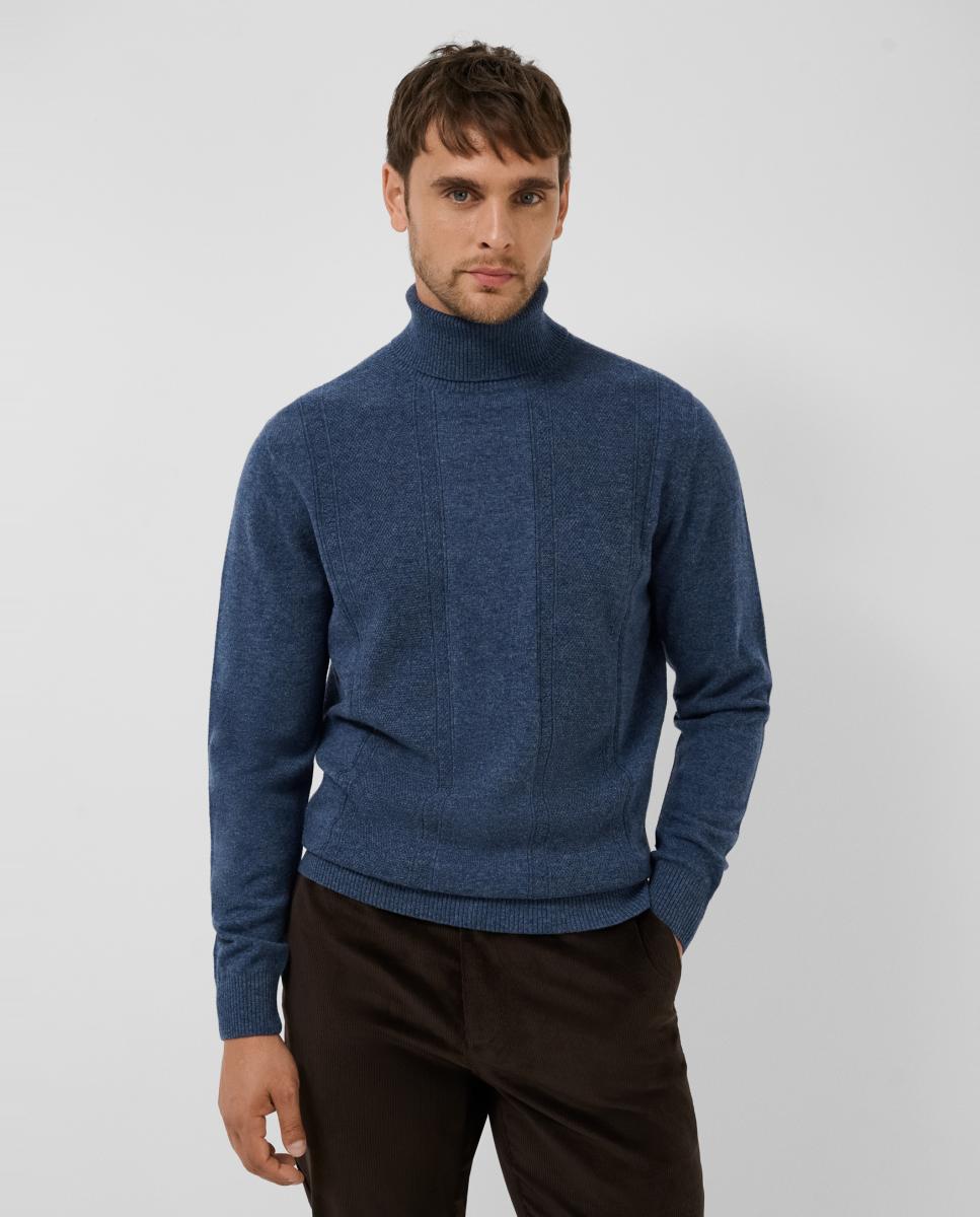 Jersey lana/cashmere de hombre cuello vuelto canalé ancho - Roberto Verino - Azul índigo Azul índigo-1