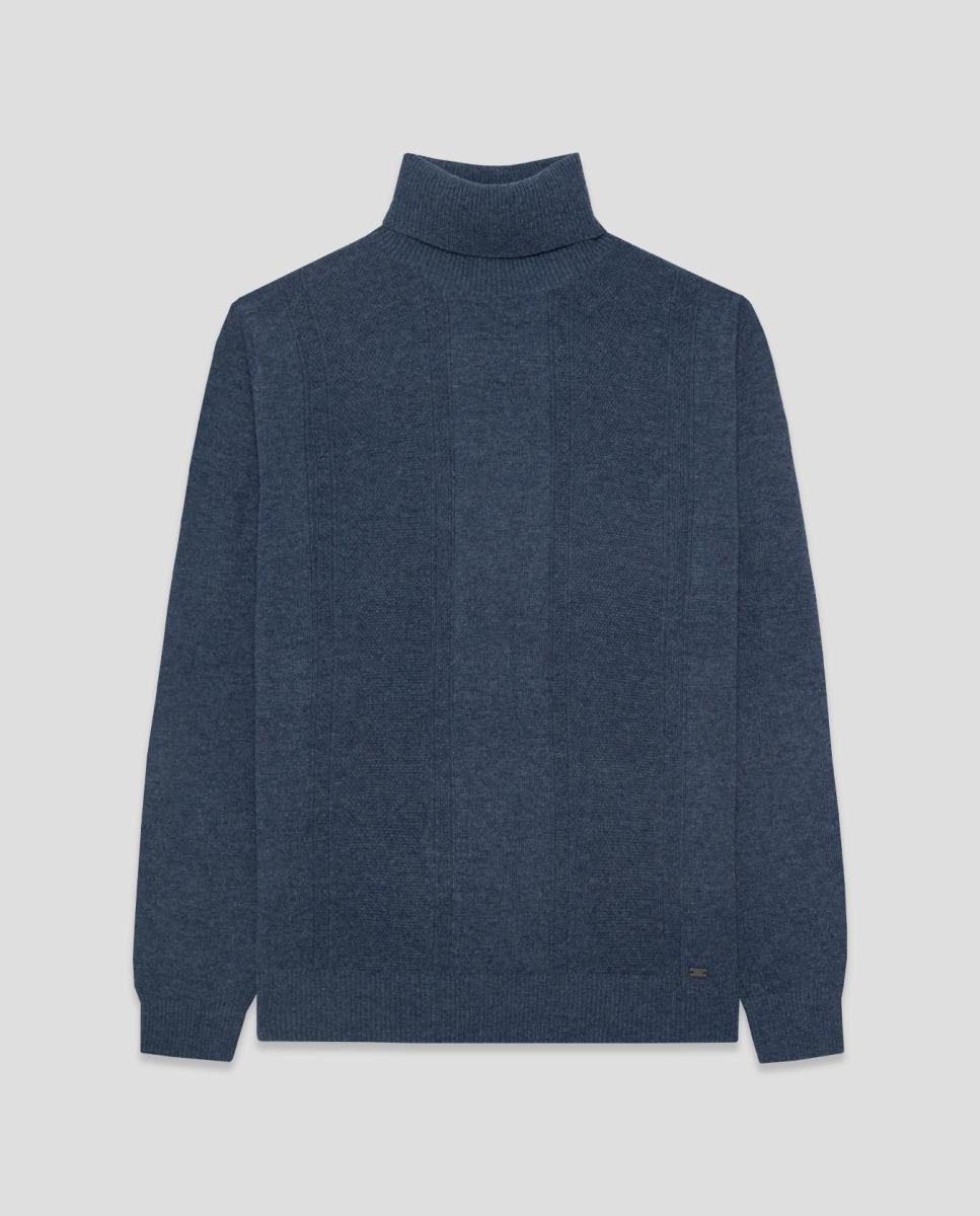 Jersey lana/cashmere de hombre cuello vuelto canalé ancho - Roberto Verino - Azul índigo Azul índigo-4