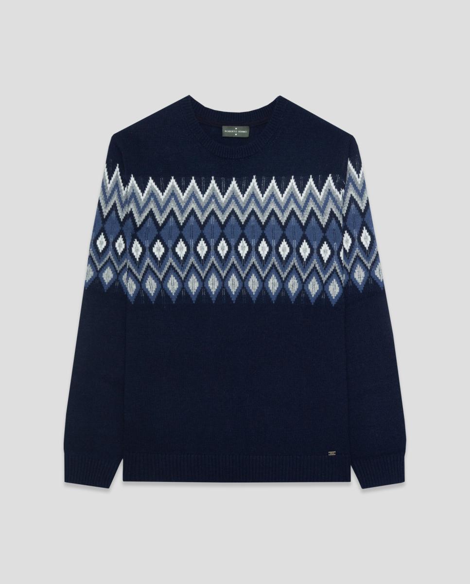 Jersey de hombre con jacquard en pecho - Roberto Verino - Azul marino Azul marino-4