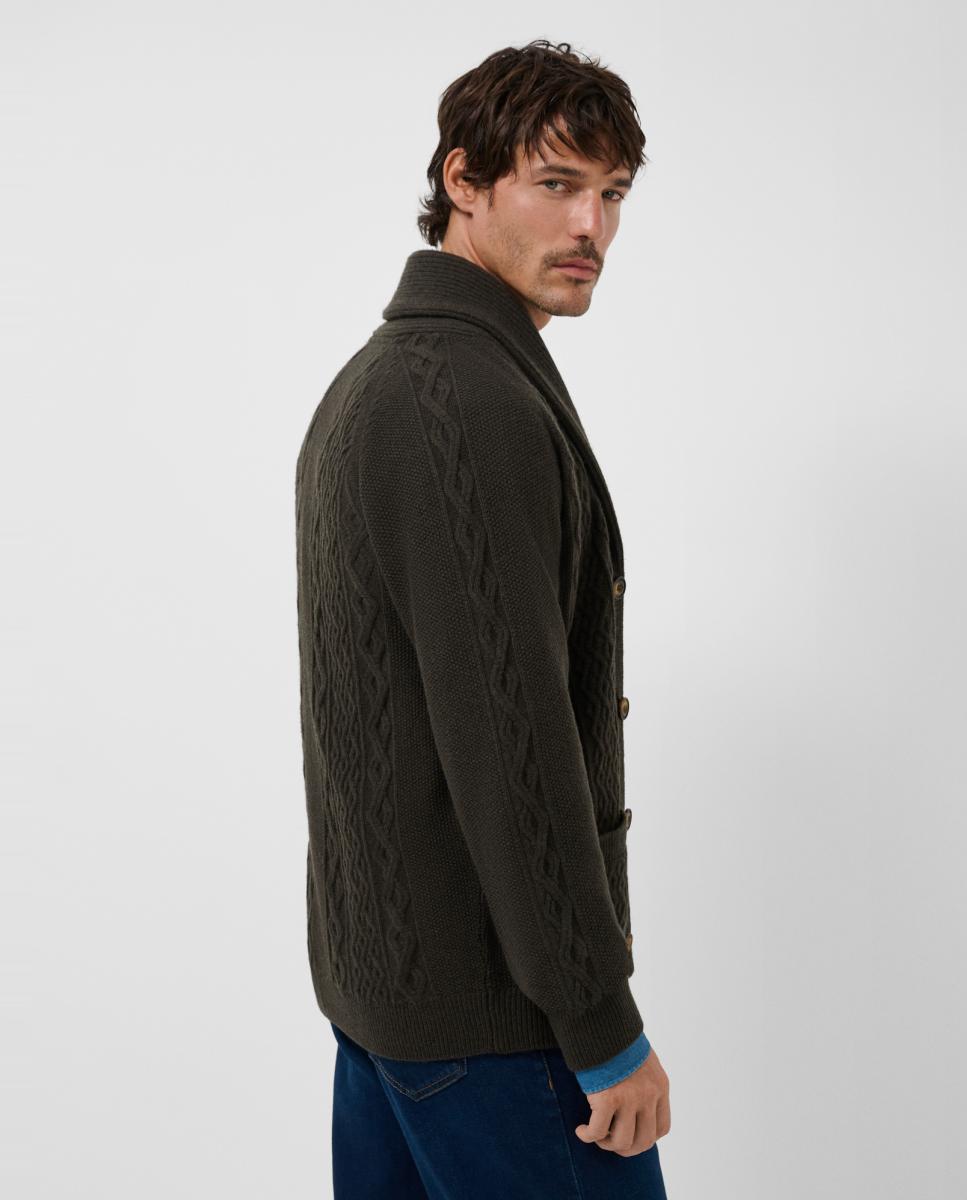 Cardigan de Malha de Lã/Caxemira com Gola de Smoking Caqui-2