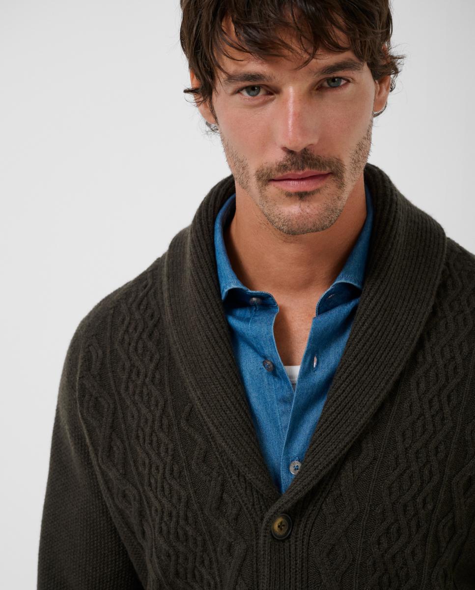 Cardigan de Malha de Lã/Caxemira com Gola de Smoking Caqui-3