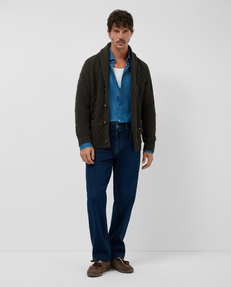 Cardigan de Malha de Lã/Caxemira com Gola de Smoking Caqui-6