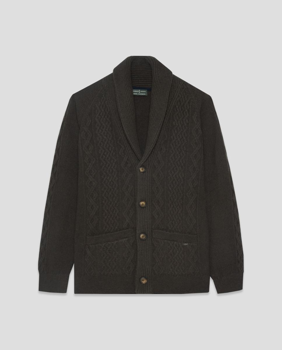 Cardigan de Malha de Lã/Caxemira com Gola de Smoking Caqui-4