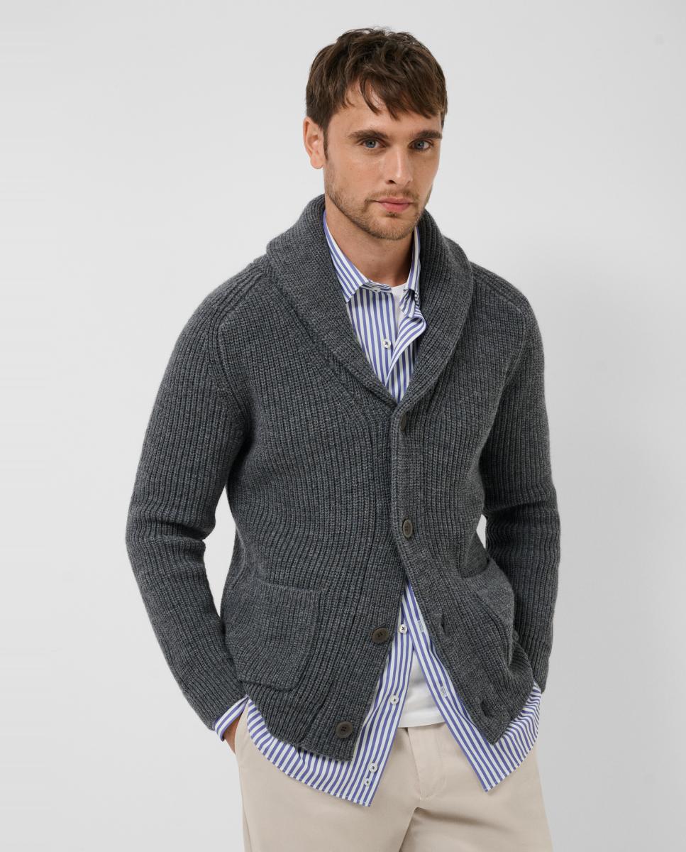 Chaqueta de punto de hombre acanalada cuello esmoquin - Roberto Verino - Gris oscuro Gris oscuro-1