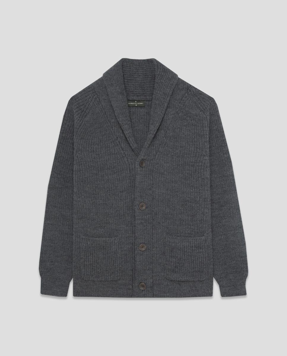 Chaqueta de punto de hombre acanalada cuello esmoquin - Roberto Verino - Gris oscuro Gris oscuro-4
