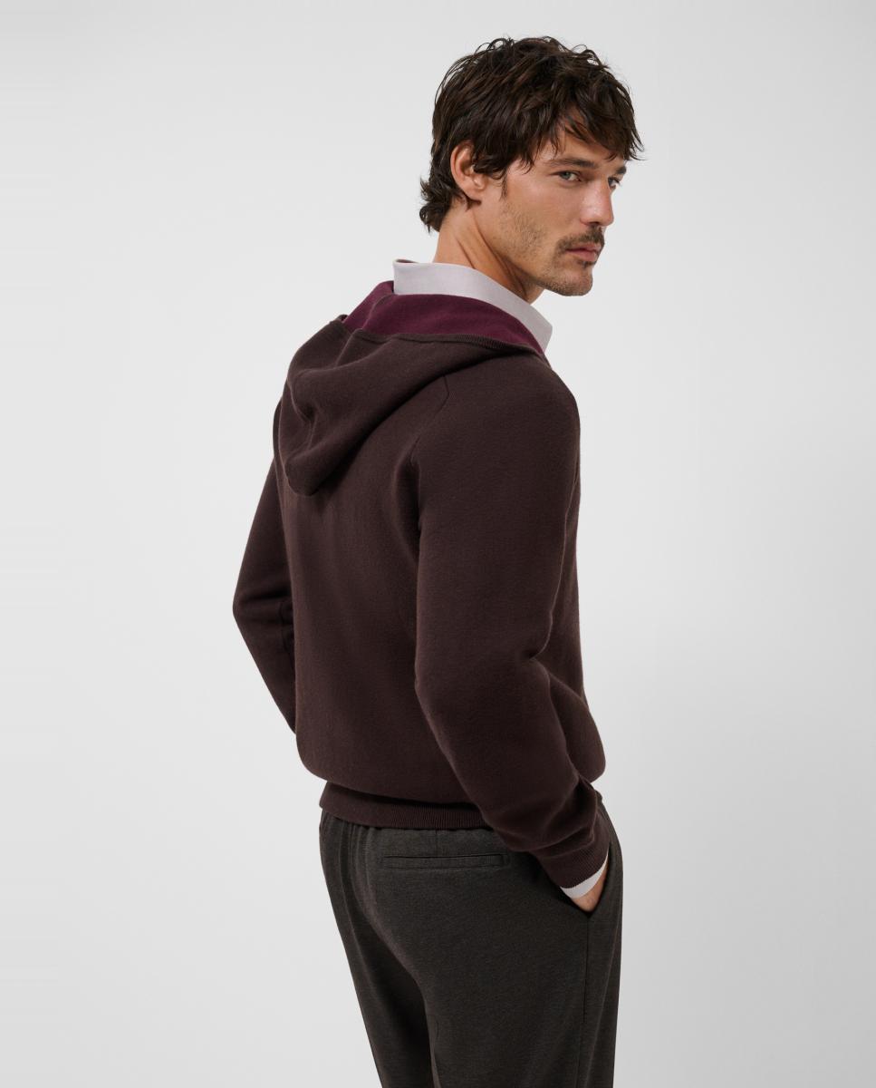 Sweatshirt de Lã com Capuz e Meio Fecho de Correr Castanho-2