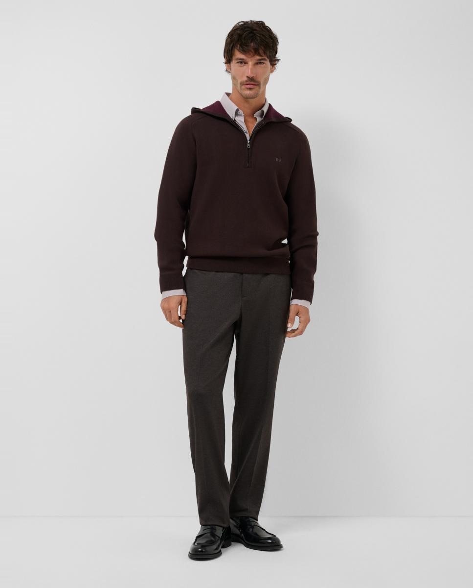 Sweatshirt de Lã com Capuz e Meio Fecho de Correr Castanho-6