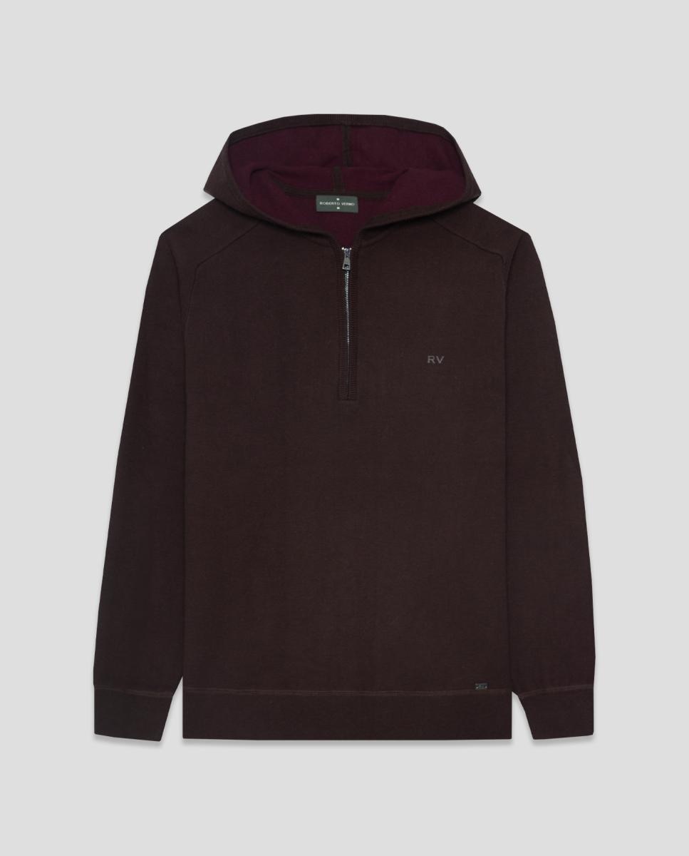 Sweatshirt de Lã com Capuz e Meio Fecho de Correr Castanho-4