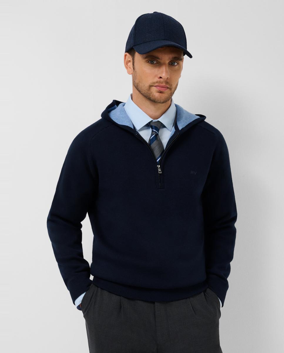 Sudadera de hombre de lana con capucha y media cremallera - Roberto Verino - Azul marino Azul marino-1