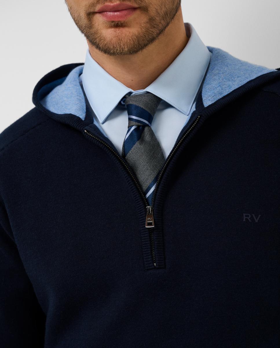Sudadera de hombre de lana con capucha y media cremallera - Roberto Verino - Azul marino Azul marino-3