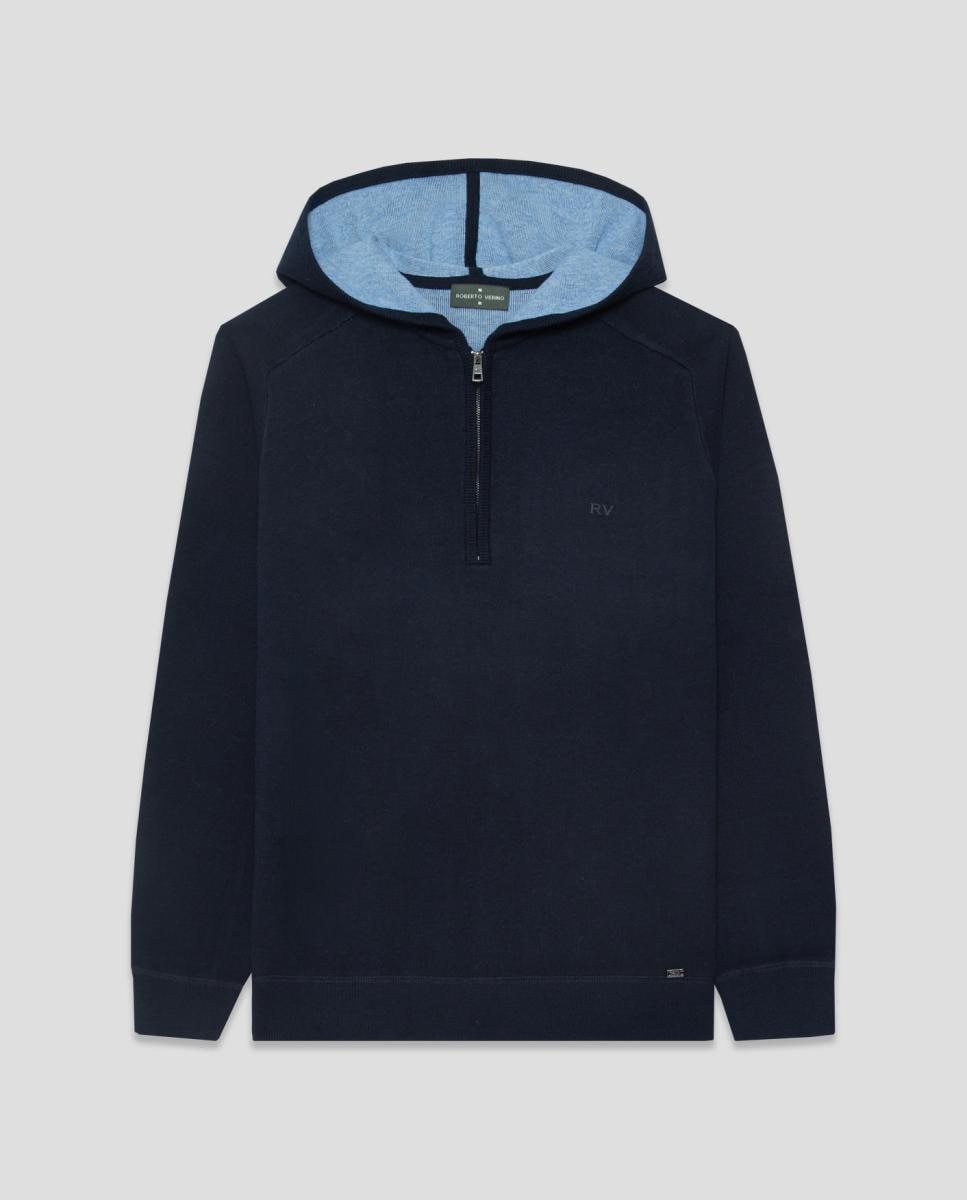 Sudadera de hombre de lana con capucha y media cremallera - Roberto Verino - Azul marino Azul marino-4