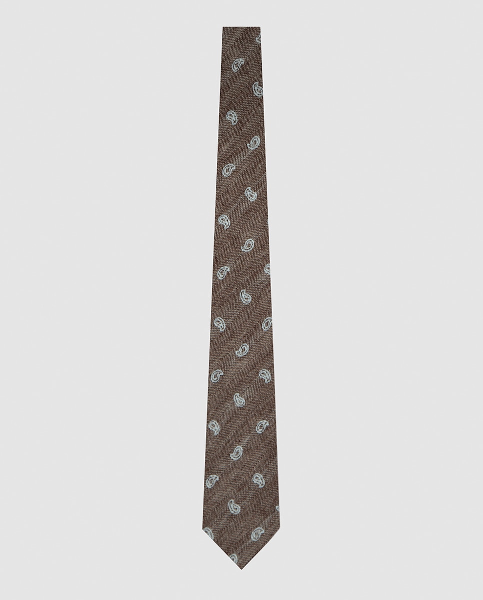 Imagem 0 de Gravata de Seda e Linho com Padrão Espinha de Peixe e Jacquard de Caxemiras