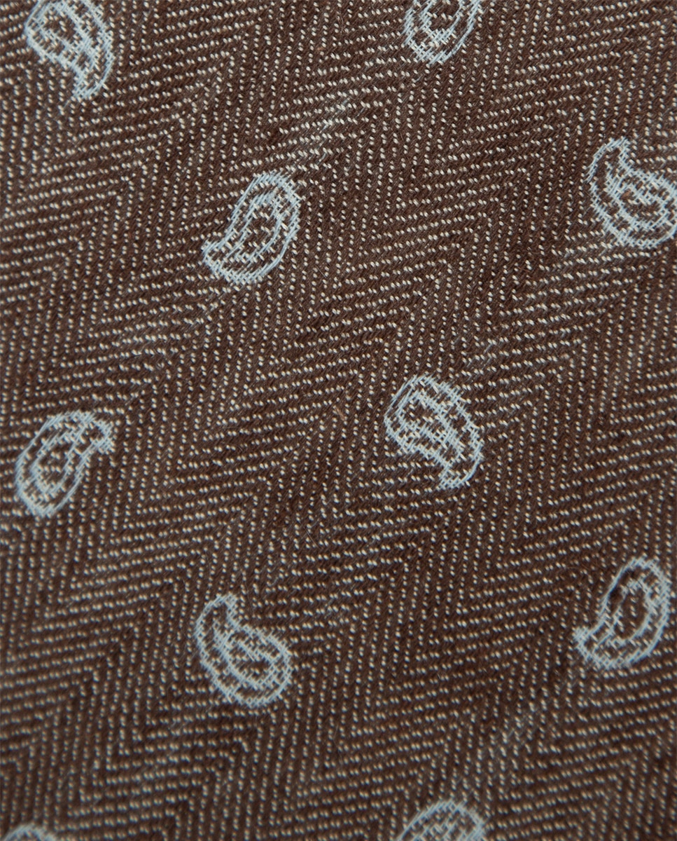 Gravata de Seda e Linho com Padrão Espinha de Peixe e Jacquard de Caxemiras Castanho-2
