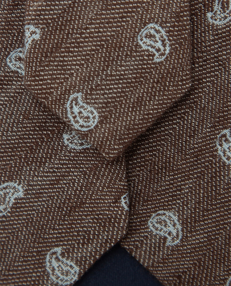 Gravata de Seda e Linho com Padrão Espinha de Peixe e Jacquard de Caxemiras Castanho-3