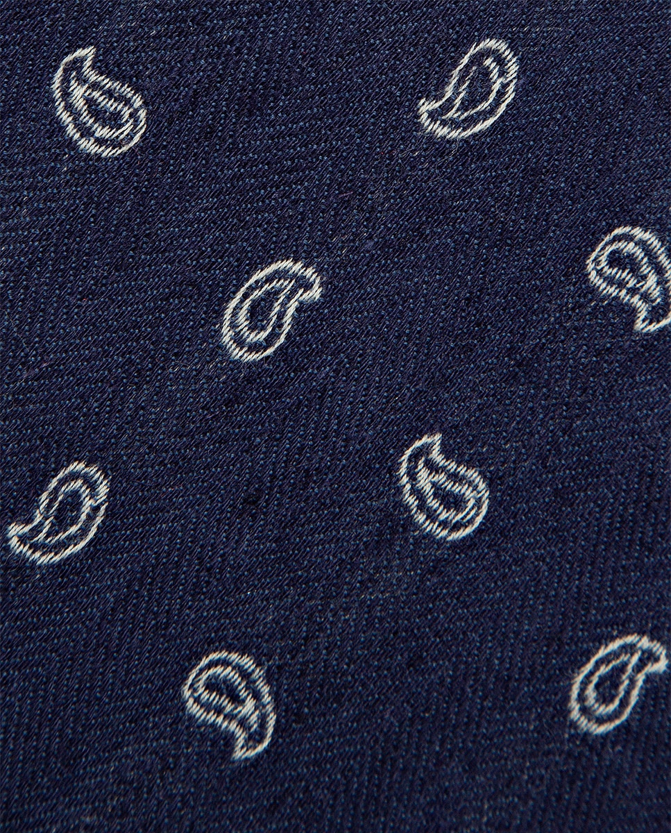 Gravata de Seda e Linho com Padrão Espinha de Peixe e Jacquard de Caxemiras Azul-marinho-2
