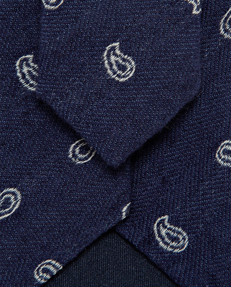 Gravata de Seda e Linho com Padrão Espinha de Peixe e Jacquard de Caxemiras Azul-marinho-3
