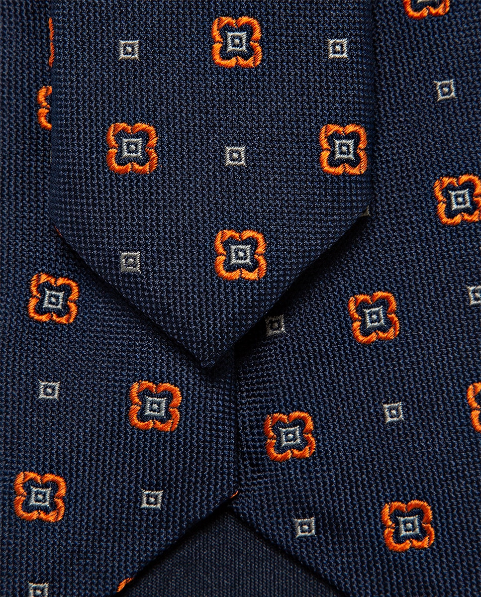 Gravata de Seda com Jacquard Geométrico Floral Laranja-3