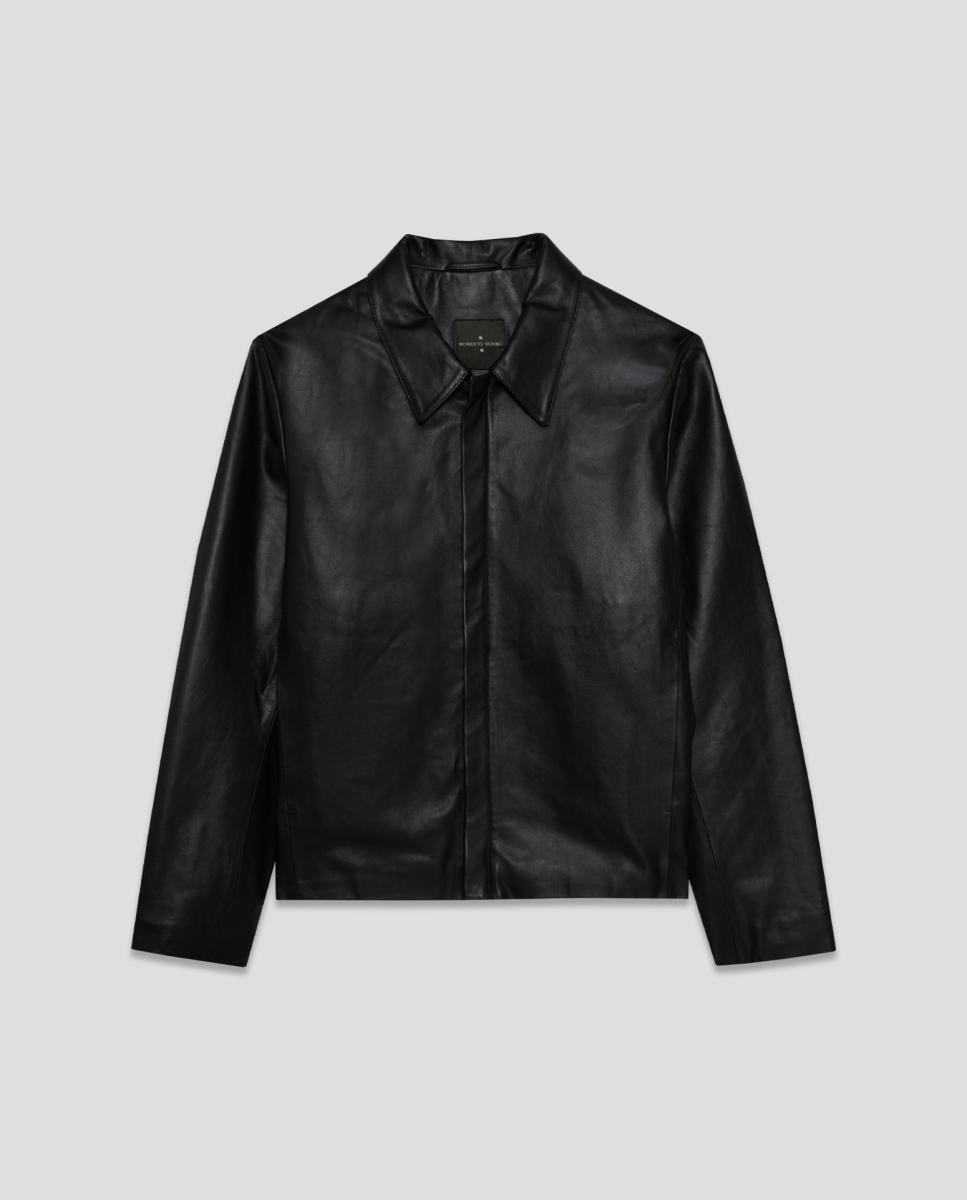 Blusão em Pele com Colarinho de Camisa Preto-4