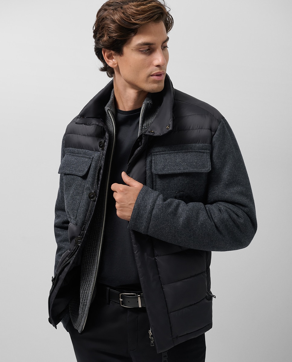 Blusão Bimaterial em Tecido Técnico e Pano Cinzento-escuro-1