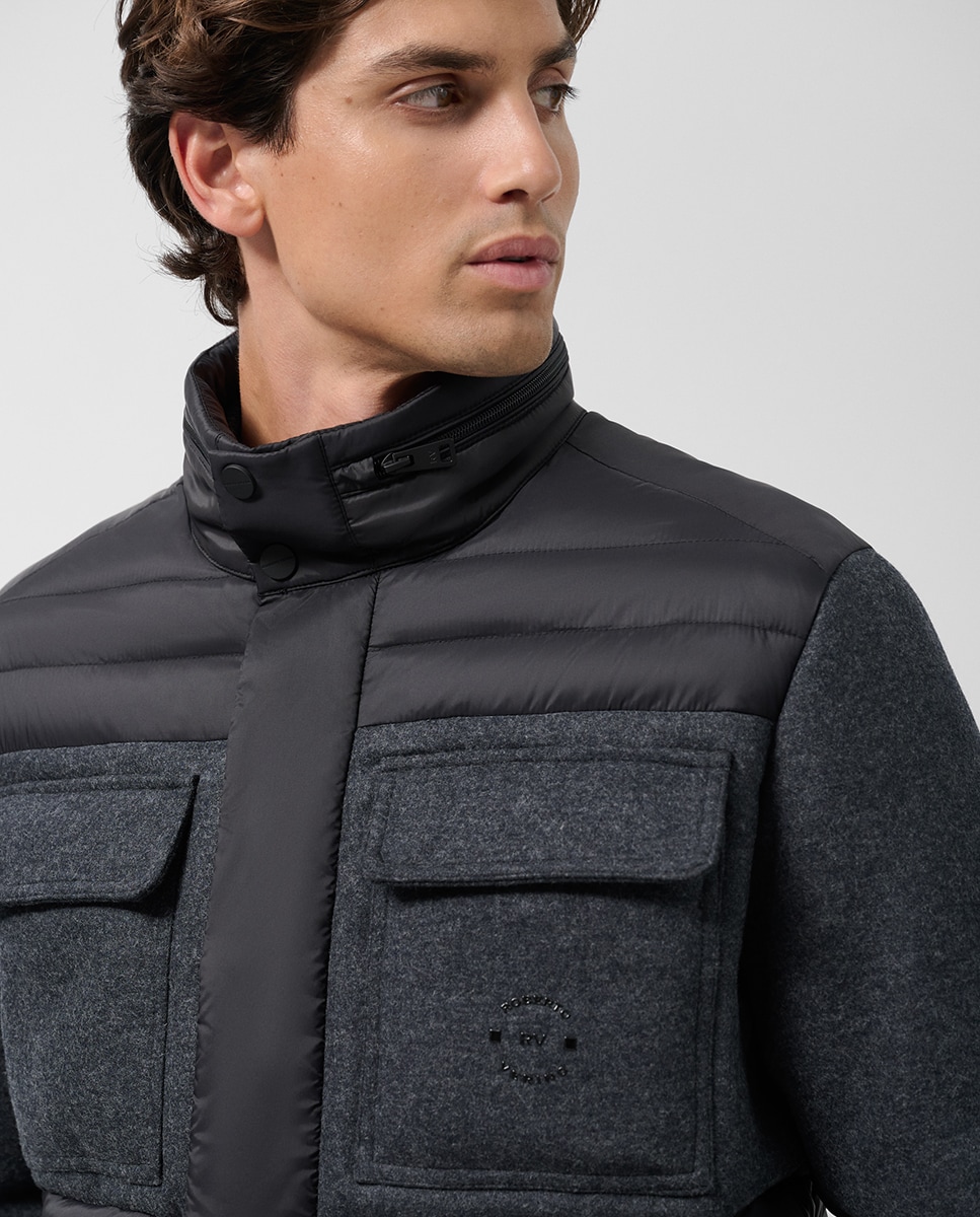 Blusão Bimaterial em Tecido Técnico e Pano Cinzento-escuro-3