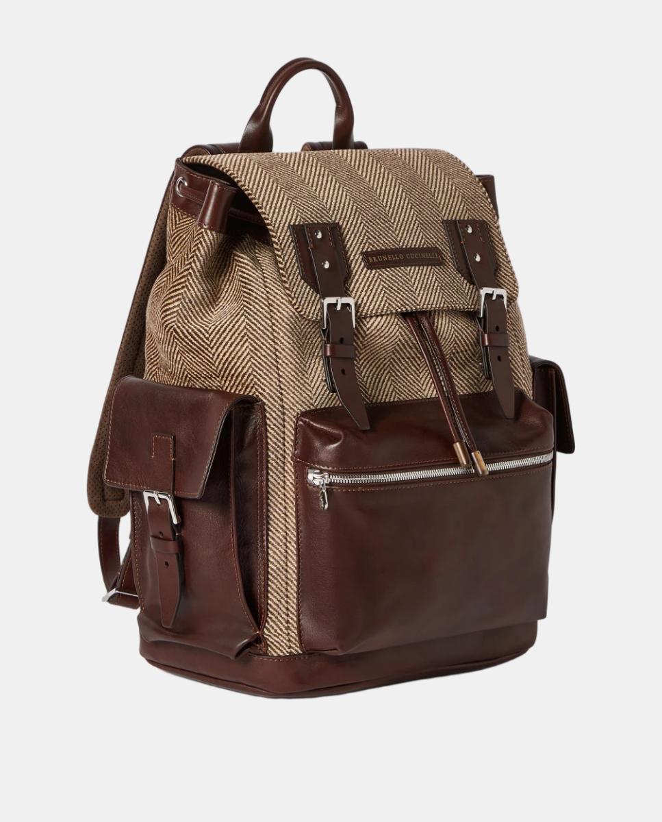 Mochila Multibolsos com Detalhes em Pele Castanho-3