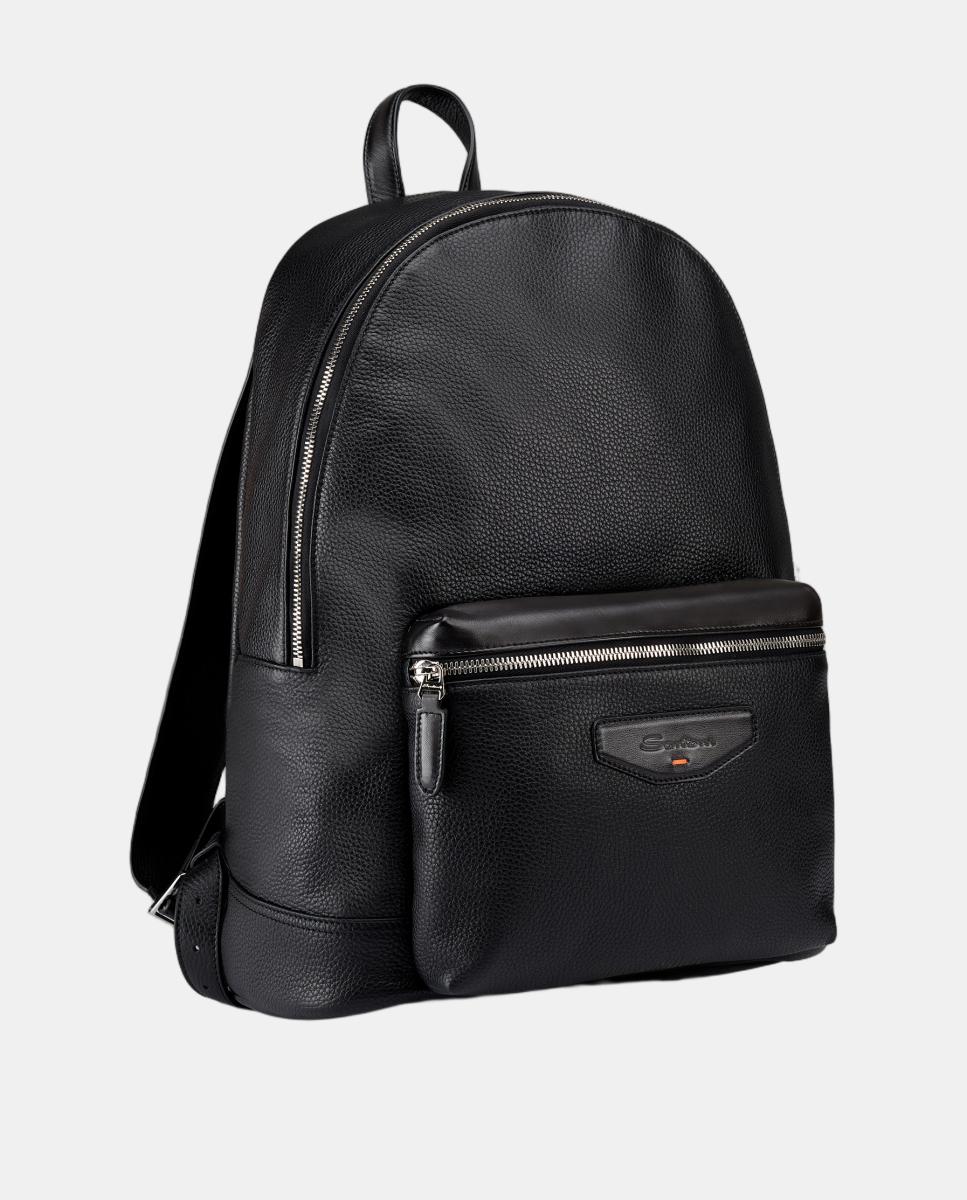 Mochila de piel con bolsillo frontal - Santoni - Negro Negro-3